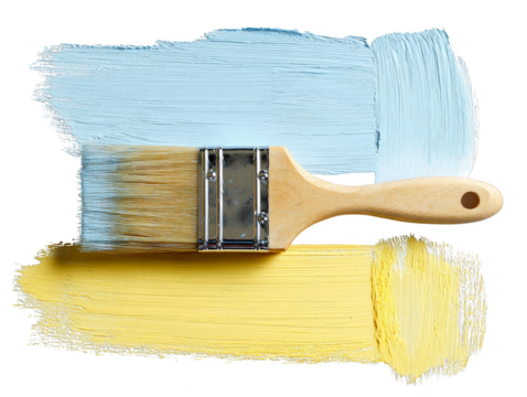 A paintbrush is shown with three different colors of paint on it