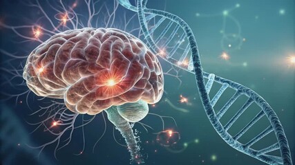 This compelling video illustrates the intricate relationship between the brain and genetics, with a detailed human brain model emitting light signals alongside a rotating DNA strand. 