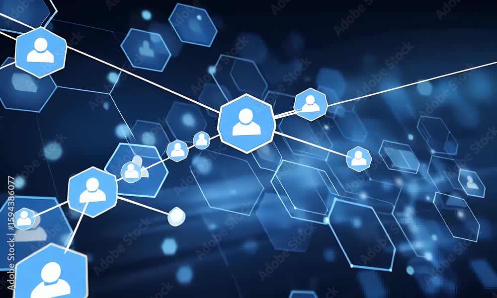 Poster blue technological background with hexagons and glowing elements for digital presentation or banner 