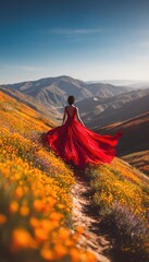 Woman in red on flower hill