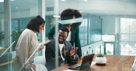 Happy, business people and laughing with applause or laptop in office for funny joke or humor....