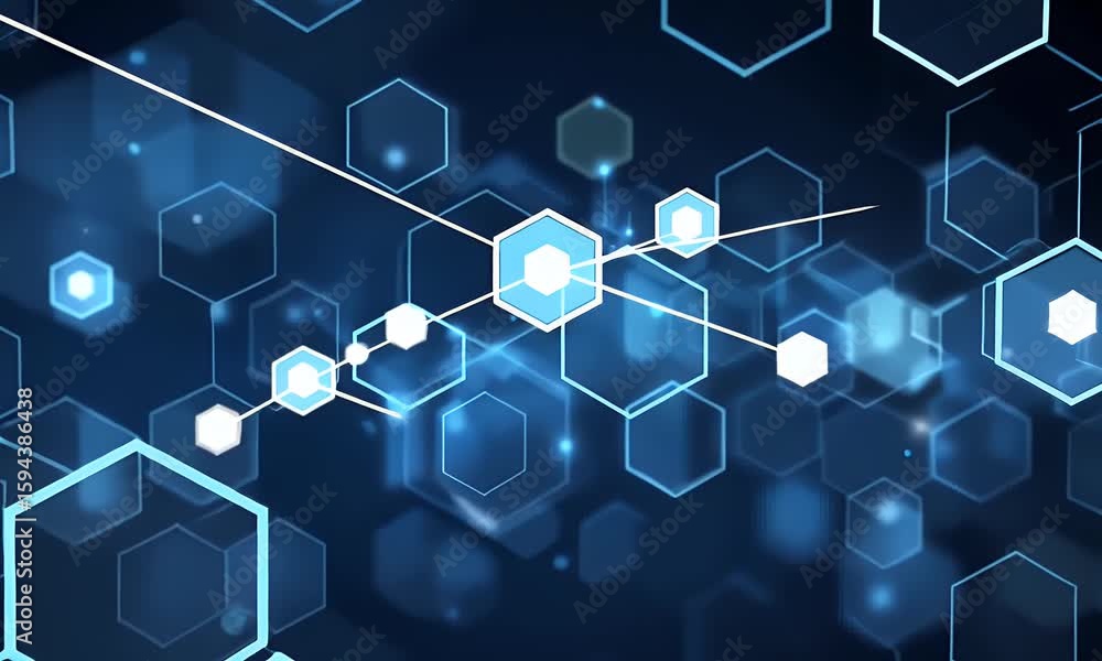 Poster blue technological background with hexagons and glowing elements for digital presentation or banner 