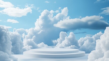 103.Sky Blue Cloud Background with White Podium Platform for Product Display: