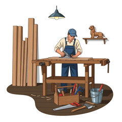 Vector Illustration of a Carpenter Planing Wood, Working in his Workshop with Tools