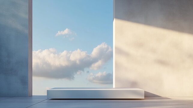 106.A 3D display design with a sleek white podium resting under a vibrant spring sky, with light clouds and a minimalist building wall casting subtle shadows to highlight the product space.