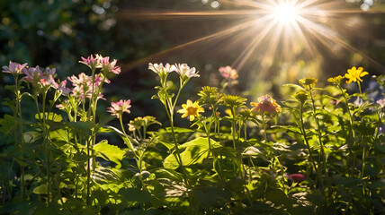 A vibrant spring meadow bursts with colorful flowers, a beautiful outdoor scene of nature's blooming artistry