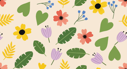 Fototapeta premium Colorful floral and leaf pattern design on a beige background.
