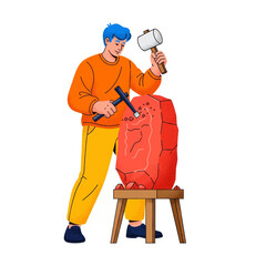 Vector Illustration A Male Sculptor Carving a Stone Block to Create a Sculpture