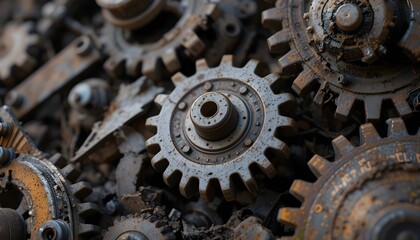 Worn Metal Scraps and Rusted Gears in Close Focus
