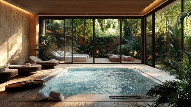 serene indoor spa retreat featuring a tranquil swimming pool surrounded by lush greenery and luxurious lounging areas offering a calming and rejuvenating experience