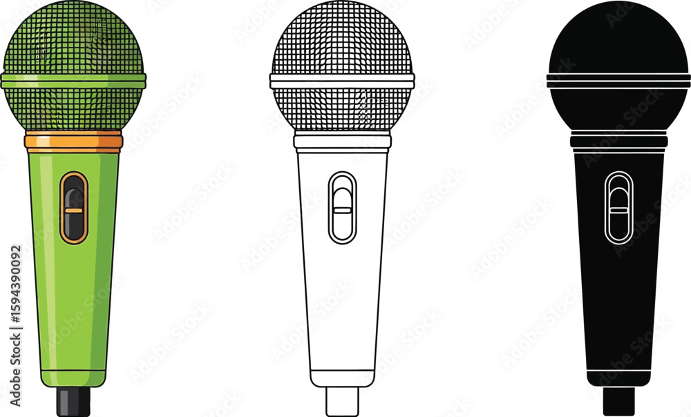 Poster microphone vector illustration set of three microphones in color outline and silhouette style for de
