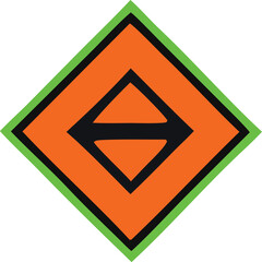 A bright orange diamond shaped warning sign with a black horizontal arrow pointing both left and right outlined in vibrant green