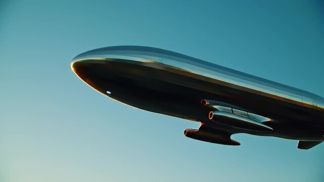 A shiny zeppelin gleams against a clear light blue sky, poised in gentle ascent