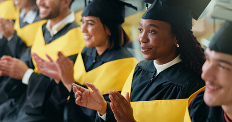 College, applause and students with celebration, graduation and smile with achievement. University,...