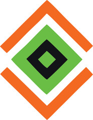 Geometric abstract design featuring concentric rhombuses in vibrant orange green and black colors