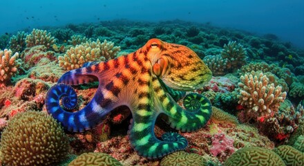 Vibrant octopus camouflaged among colorful coral in a clear underwater scene.