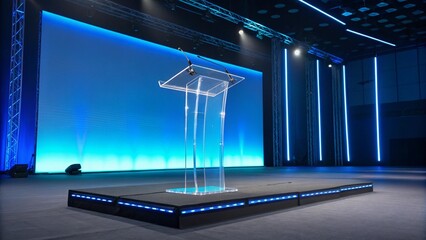 Transparent acrylic podium on stage with blue LED lighting and gradient backdrop