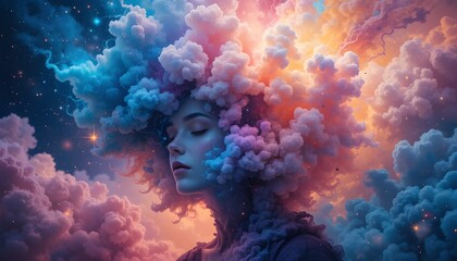 Woman’s Face Blending into a Vibrant Cosmic Cloud
