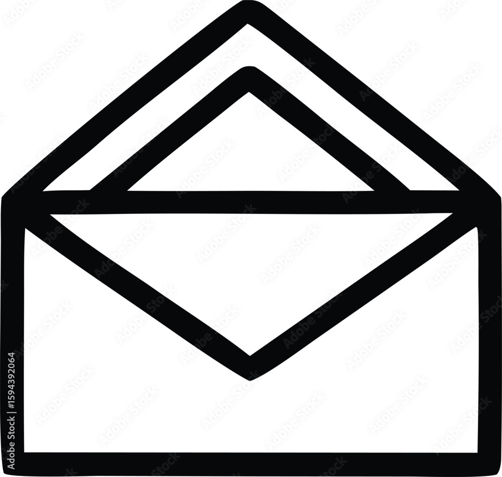 Poster simple black and white line drawing of an open envelope with a triangular flap representing communic