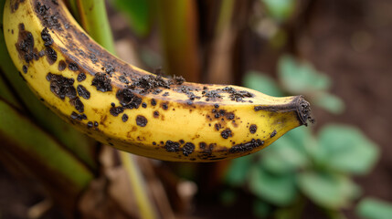 Banana hanging on plant with visible fungal decay and black spots representing crop infection, fruit disease, agricultural loss, tropical plantation problem, and environmental contamination issues