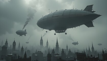 Airships Hover Above a Foggy Steampunk City
