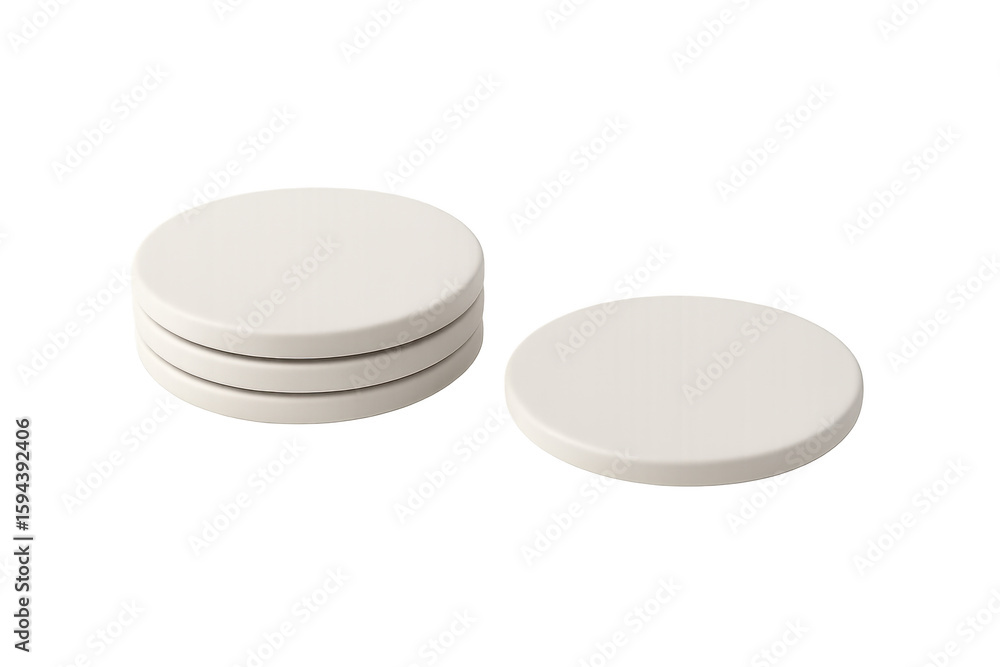Poster four simple white coasters isolated on a transparent background, perfect for showcasing your designs
