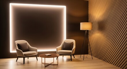 Modern waiting area with comfortable seating and ambient lighting