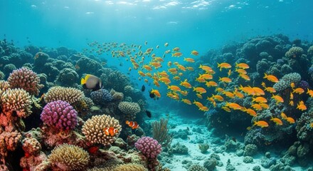 Naklejka premium Vibrant underwater scene with colorful coral and a school of fish swimming gracefully.
