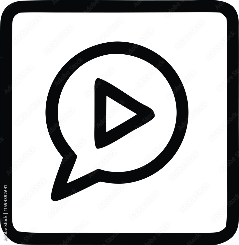 Poster a simple black and white icon featuring a play button inside a speech bubble symbolizing video commu