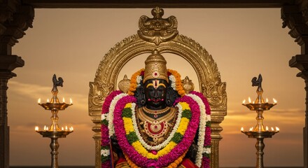 Obraz premium Copper to beige gradient with ancient temple backdrop, decorated idol of Lord Varaha with garlands and lamps