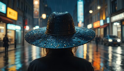 Wide-Brimmed Hat Reflecting in Rain on Dark Street
