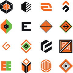 Collection of modern geometric abstract logos featuring hexagons diamonds squares and stylized letters in orange black and green color palette