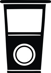 Simple black and white silhouette icon of a tall paper coffee cup with a lid and a circular logo design