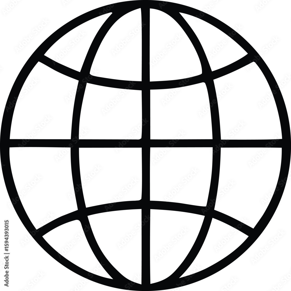 Poster simple black and white line drawing of a stylized globe with a grid of latitude and longitude lines 