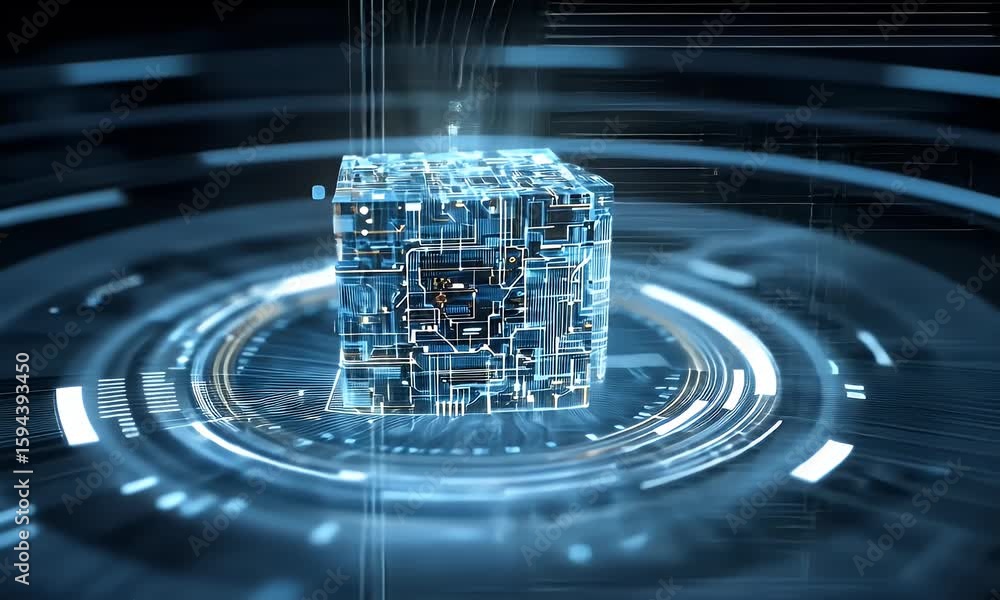 Poster a blue cube of data floating in the center, surrounded by glowing digital lines, representing ai tec