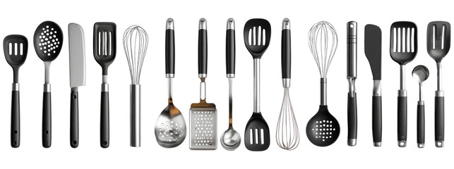 Assorted Kitchen Utensils on Transparent Background for Cookware