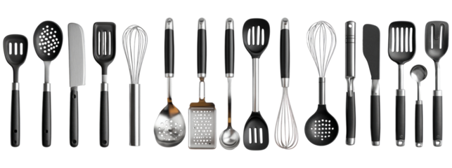Assorted Kitchen Utensils on Transparent Background for Cookware