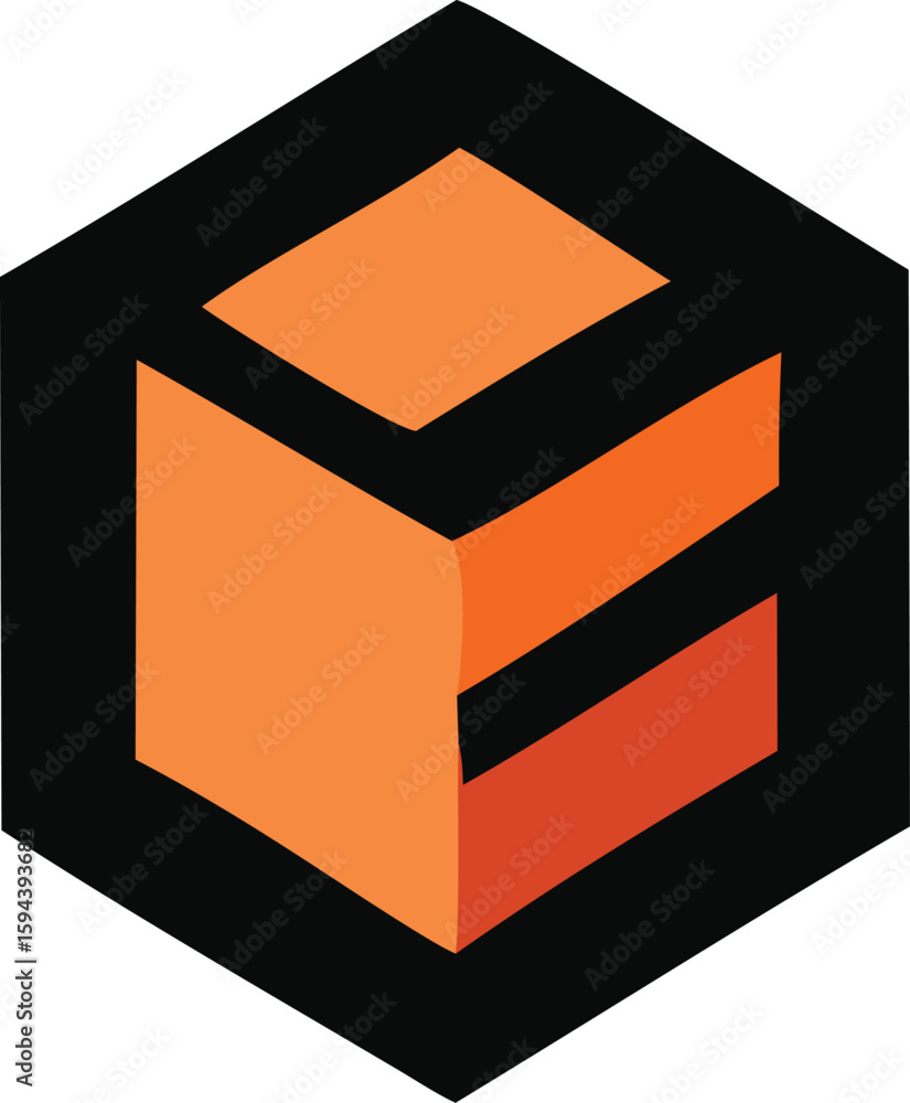 Poster abstract orange geometric cube shape with sharp edges and shadows on a dark hexagonal background