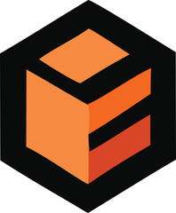 Abstract orange geometric cube shape with sharp edges and shadows on a dark hexagonal background