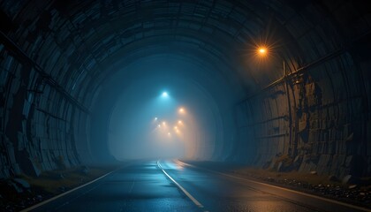 Foggy Tunnel Illuminated at Night with Warm Light
