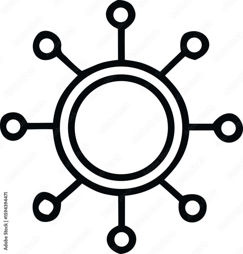 Poster abstract circular network diagram with radiating lines and nodes representing connections and a cent