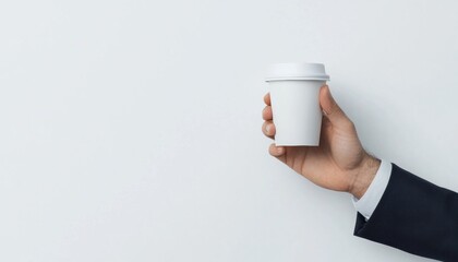 Hand in suit holding plain white coffee cup against light background, conveying sense of professionalism and simplicity