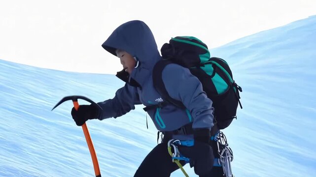 Snow mountain climbers use ice axes to climb.