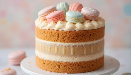 Two-Layer Cake in Pastel Colors with Macaron Topping
