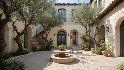 Tranquil Mediterranean Courtyard with Spiral Stairs and Olive Trees
