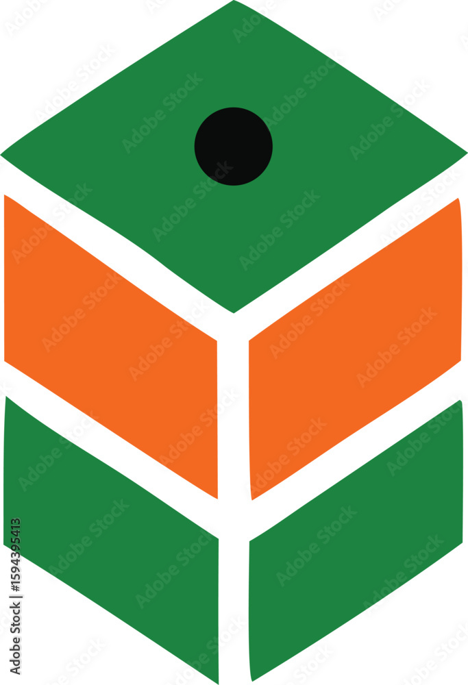 Poster abstract geometric cube design with green and orange panels and a central black circle emphasizing m