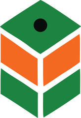Abstract geometric cube design with green and orange panels and a central black circle emphasizing modern simplicity and visual balance