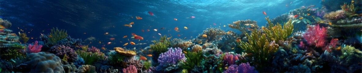 Naklejka premium Underwater coral reef exploration tropical ocean 360 degrees hdr panorama vibrant marine life