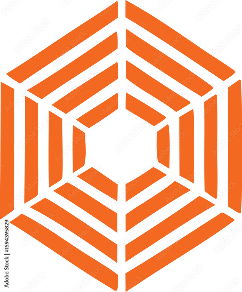 Poster abstract geometric hexagonal web structure with orange and white stripes forming a radial pattern
