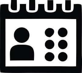 Simple black and white icon of a calendar page featuring a person silhouette and six circular dots representing dates or appointments